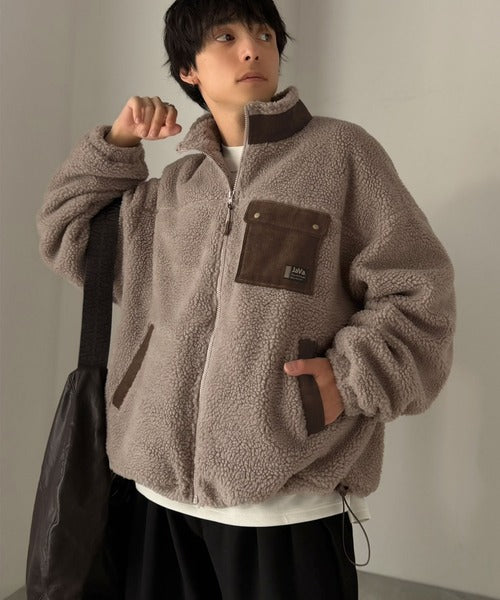 《JaVaジャバコラボ》コーデュロイ異素材配色使い 裾ドローコード付き ボアブルゾン jo1150099