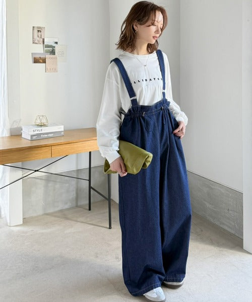 《JaVaジャバコラボ》セミワイドシルエットでゆったりカバー♪綿100%で快適◎ワークデニム サロペット jv1070191