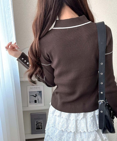 【mily bilet】配色ラインがポイント♪上品なポロ襟リブニット mi1029160