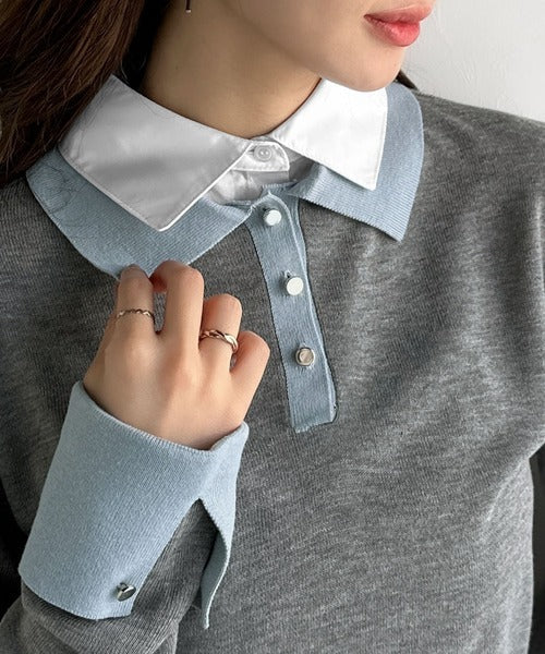 【mily bilet】重ね着風で上品見え◎レイヤード風シャツダブル襟使いカフス切り替えニットプルオーバー（長袖） mi1029159