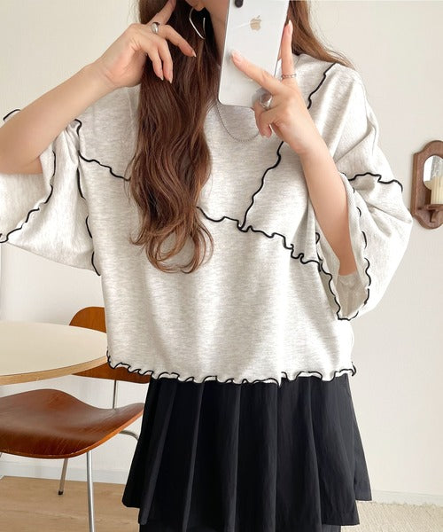 Tシャツより可愛く、スウェットより軽やか♪5分袖メロウ切替裏毛トップス ce1020310