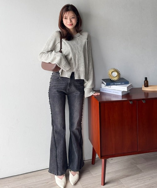 【mily bilet】ゆるっとシルエットが魅せる、大人の余裕。前後２WAYフロント切り替えニットプルオーバー（長袖） mi1329046