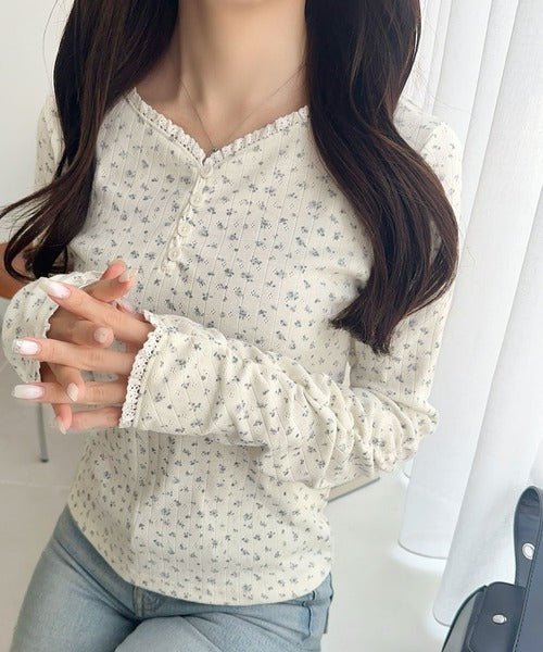 【mily bilet】華やかさと可愛さを1枚で。花柄レース使い袖ギャザーヘンリーカットソー mi1019106