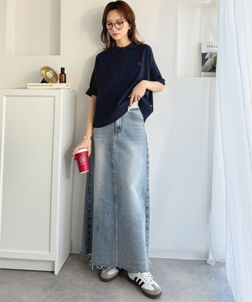 抜け感のあるゆったりシルエット。胸刺繍で上品さをプラス♪胸刺繍ルーズポロニットプルオーバー(半袖) ce1240115