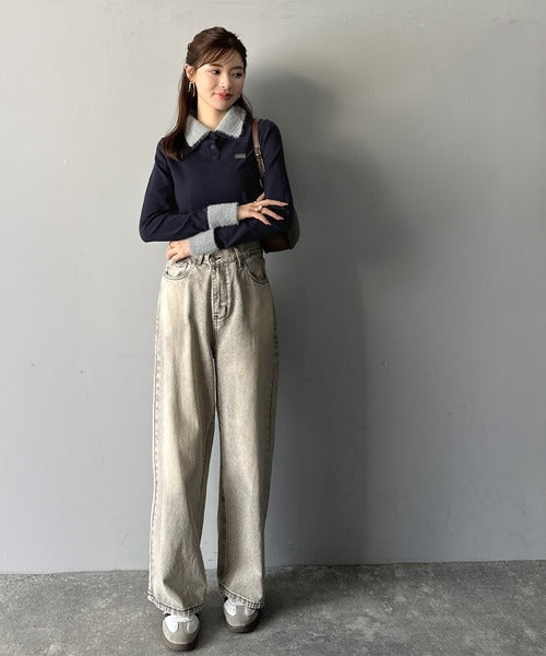 【mily bilet】上品とカジュアルを叶える、大人コーデが即完成。ファー使いダブル襟ロゴプレートニットポロ(長袖) mi1029150