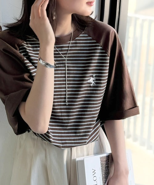 《JaVaジャバコラボ》お洒落迷子の救世主。綿100％胸刺繍ラグラン配色ボーダーTシャツ jv1260558