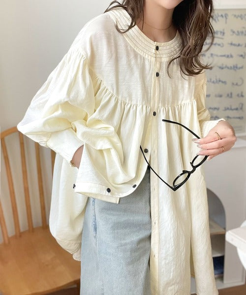 可愛さとトレンド感の両立。前後2WAY配色ステッチボリュームギャザーチュニックブラウス（長袖） ce1260376