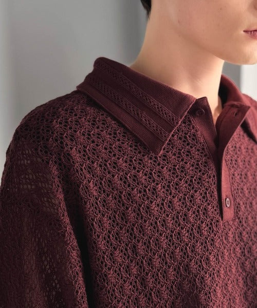 「透け感、モードの余韻。」衿ダブルライン使いレース柄ニットポロシャツ／Double-Line Collar Lace Pattern Knit Polo Shirt co1010049