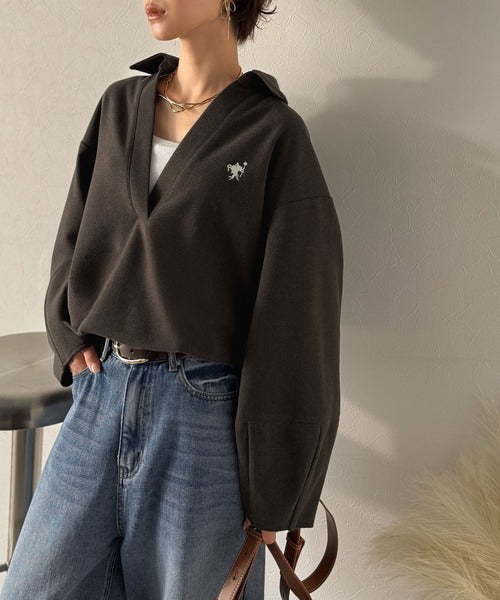 【Classical Evon】優しい温もり、上品見え。圧縮ニット襟付きキーネックプルオーバー ev1110143