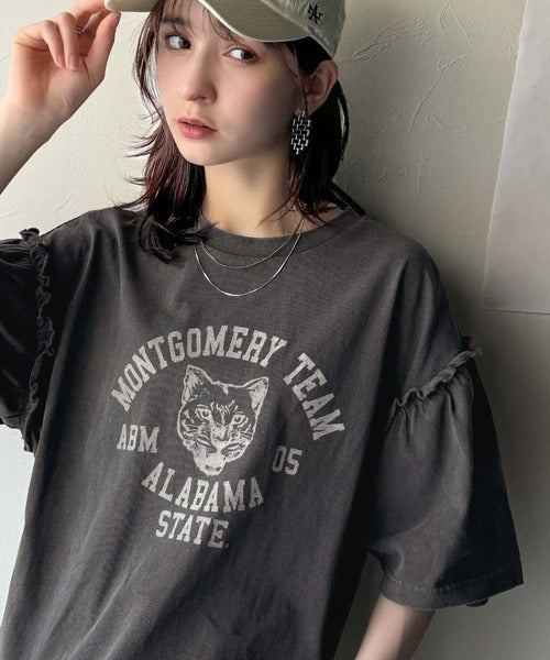 レディなヴィンテージスタイル。綿100％カレッジピグメント袖フリルTシャツ ce1020221