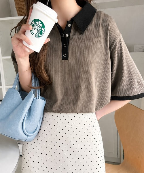 大人の配色で、オフィスにも着やすい♪着回し抜群の ランダムリブ 配色ポロトップス(半袖) ce1010636