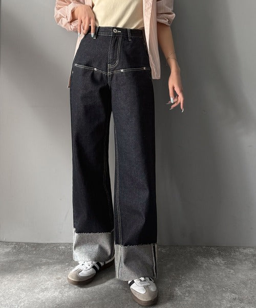 《JaVa ジャバコラボ》新感覚な大人デニム。ロールアップフロントポケットワイドデニムパンツ jv0909005
