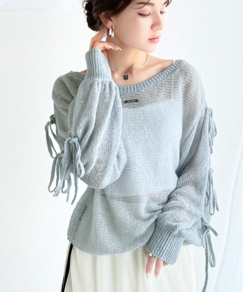 【mily bilet】大人のきらめき。プレートデザイン透かし編み袖リボンラメニット(ワンオフショル2way) mi1259009