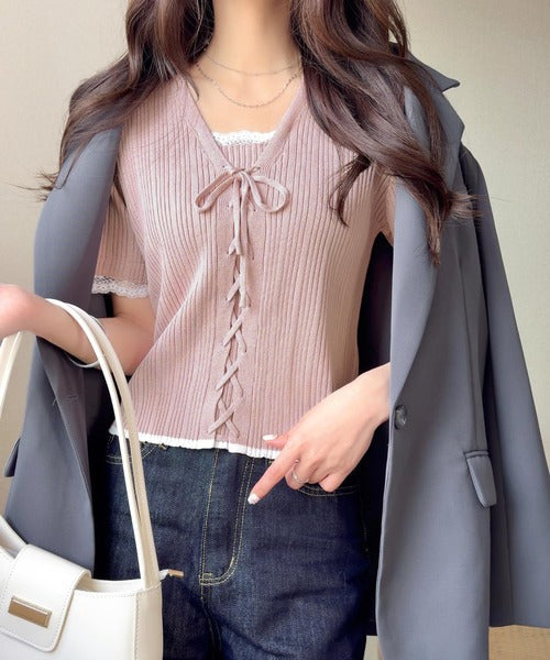 【mily bilet】 1枚で主役級！レイヤード風袖レース使いリボンデザインリブニットプルオーバー(半袖) mi1029198