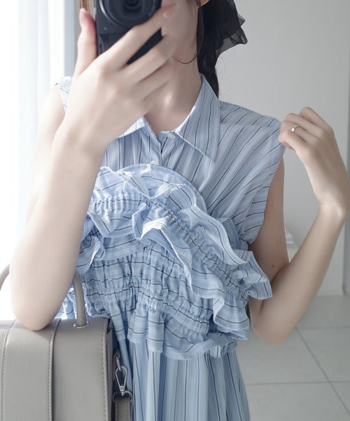 【mily bilet】袖取外し可能で着こなし自在！マルチウェイビスチェドッキングストライプシャツワンピース mi1019082