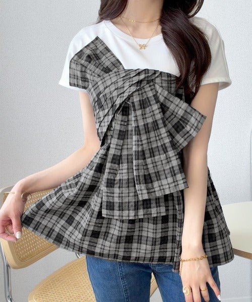 【mily bilet】忙しい朝も悩まない、初夏の一軍トップス。リボンビスチェドッキングTシャツ (半袖) mi1019145