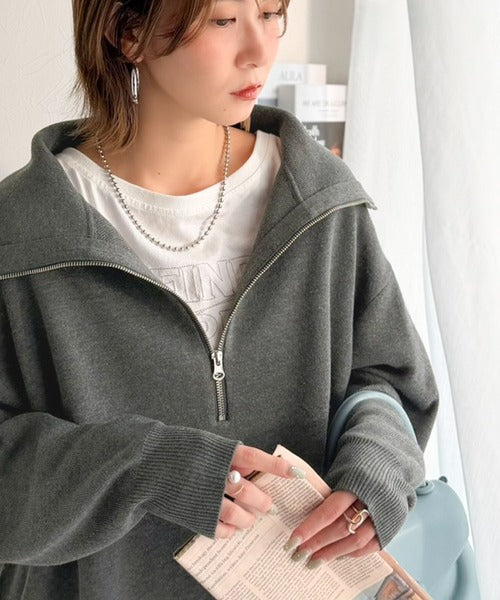 開けて、閉めてお洒落のアレンジ自由自在。ハーフジップオーバーサイズニット（長袖） ce1020372