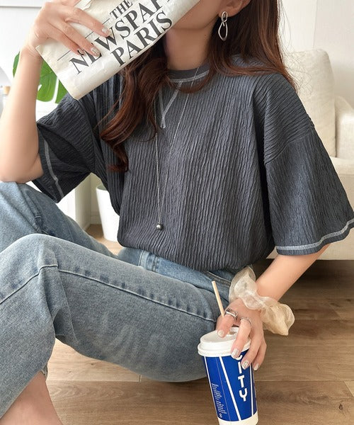 カラーで遊び心をプラス。配色ステッチ楊柳ガゼットトップス (半袖) ce1260626