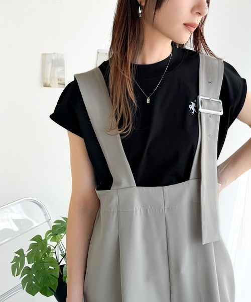 大人女子の上品ベーシック。綿100％シルケットモックネックフレンチTシャツ(刺繍) ce1260395