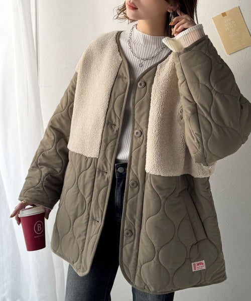 《JaVaジャバコラボ》軽くて暖かい、旬顔ボア切替♪ノーカラーひょうたんキルティングコート jv1240103