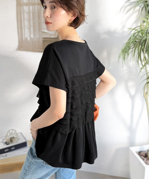 甘さを仕込む、大人の余裕。綿100％シルケット加工×シアーフリル切替オーバーサイズペプラムTシャツ（半袖） ce1410008