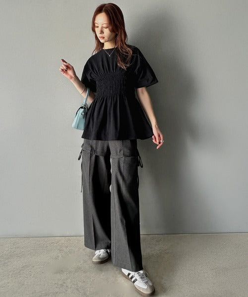 ふわっと広がるAラインで魅せる。シャーリングデザインTシャツ（半袖） ce1050298