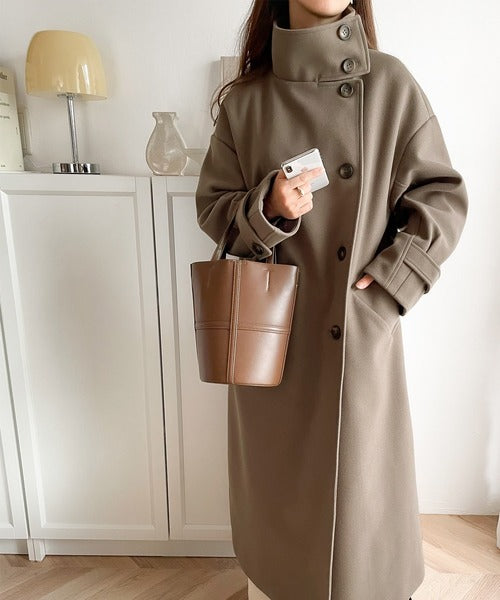 ロング丈が気分♪ニットモッサスタンドカラーロングコート ce0420122