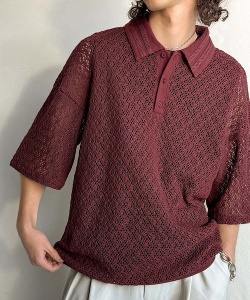 「透け感、モードの余韻。」衿ダブルライン使いレース柄ニットポロシャツ/Lace Detail Knit Polo Shirt co1010010