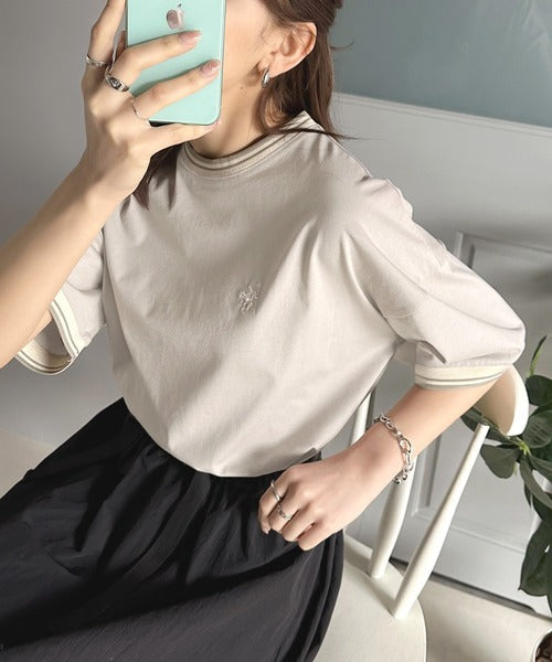 《JaVa ジャバコラボ》大人スポーティー。綿100%シルケット 配色刺繍Tシャツ jv1050074