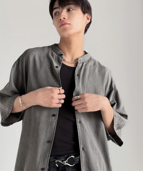 Rayon Denim Band Collar Relaxed Shirt／ヴィンテージ加工ルーズフィットデニムシャツ co1150011