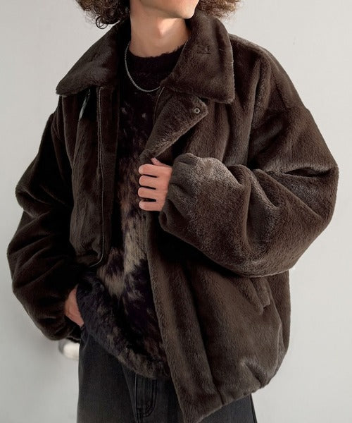 【Classical Origin】「3wayアレンジ可能。」ベルト襟フェイクファー素材ジャケット／Belted Collar Faux Fur Jacket co1150080