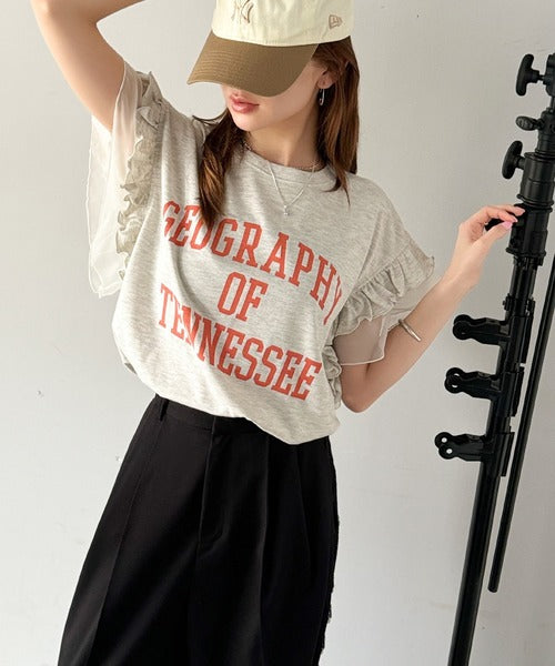 【mily bilet】可愛さふわり2倍増し！ ダブルフリル袖カレッジライクロゴゆるTシャツ mi1329036