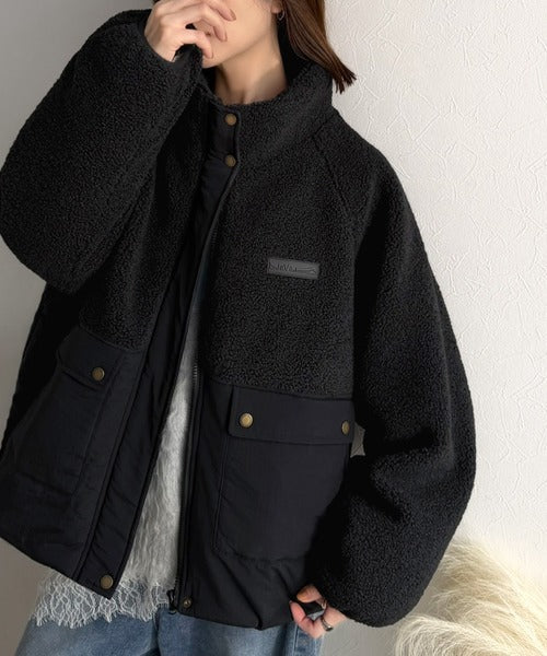 《JaVaジャバコラボ》暖かく包み込む、私のもこもこちゃん♪異素材MIXボア×ナイロン切替スタンドカラージャケット jv1240139
