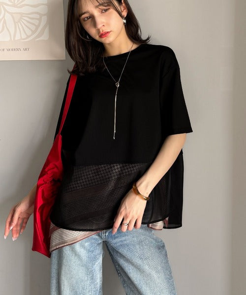 春夏に涼しさ引き立てる透け感が◎裾シアー切り替えライトダンボール半袖Tシャツ ce1110116