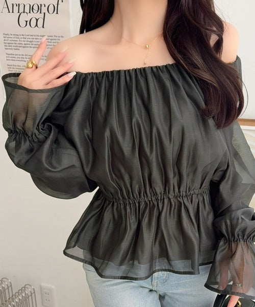 【mily bilet】シアー×ペプラムで、大人可愛く。キャンディスリーブシアーギャザーペプラムブラウス (長袖) (シアー) mi1019163