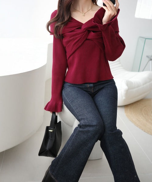 【mily bilet】デコルテ美人を叶える一着♪ツイストオフショル２WAYリブニットプルオーバー（長袖） mi1269006