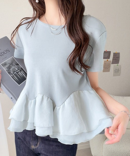 【mily bilet】可憐に揺れて、ときめきを纏う♪前後2wayペプラム切替フリルデザインTシャツ（半袖） mi1019140
