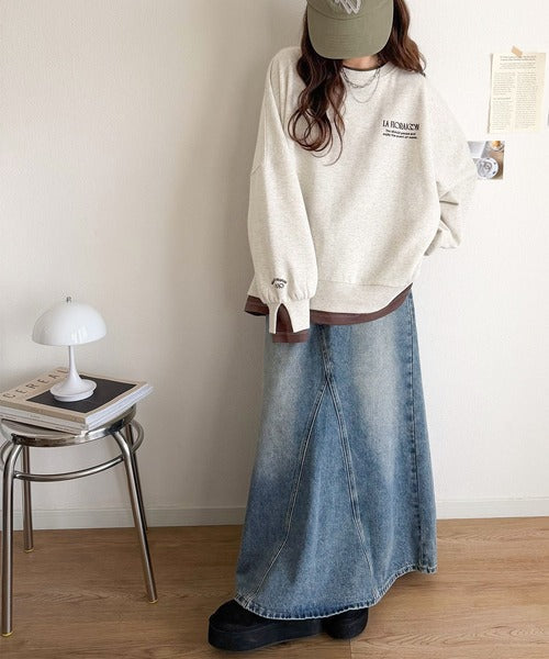 《JaVaジャバコラボ》着るだけでレイヤード上級者！配色刺繍レイヤード風オーバーサイズ裏起毛プルオーバー jv1050390