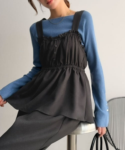 隠しながら、華やぐ。バックリボンベロアツイル ペプラムデザインドッキングサロペットパンツ ce1010668