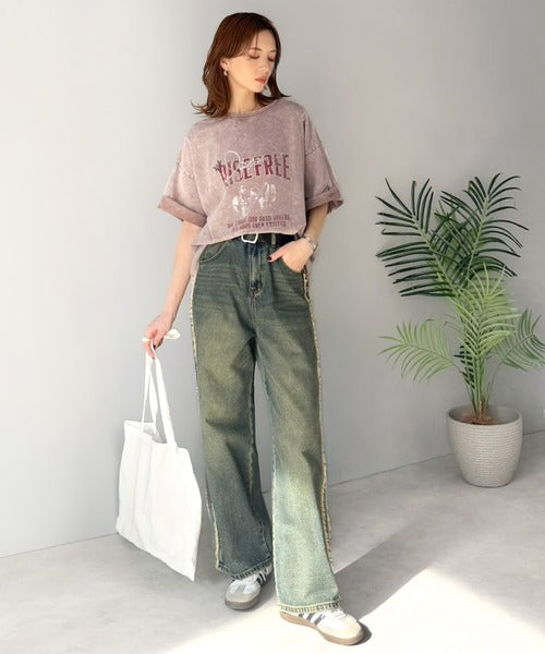 《JaVaジャバコラボ》キャッチーな個性派スタイル。綿100％前後2wayアシッドウォッシュビッグロックTシャツ(半袖） jv1260545