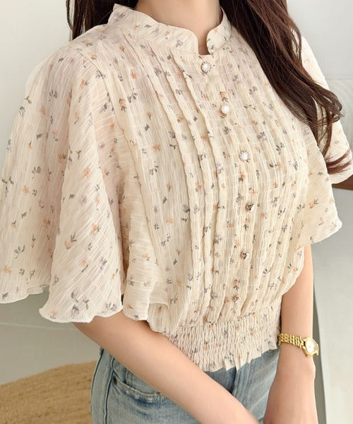 【mily bilet】上品で大人かわいい。花柄ピンタックフレア袖ブラウス mi1139026
