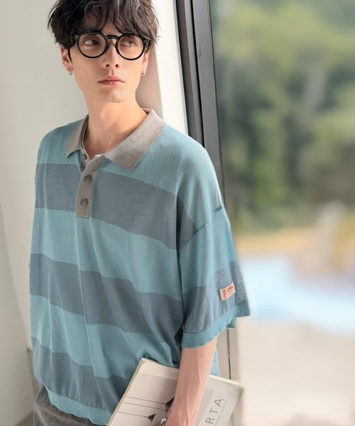 《JaVaジャバコラボ》【接触冷感機能付き】シャリ感がクセになる夏仕様ニット素材。太ボーダー涼やかラガーポロシャツ jo1150095