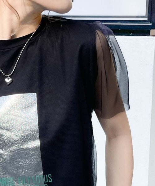 【mily bilet】1枚で上級お洒落style。チュール重ね着風シルバー箔プリントTシャツ mi1149050