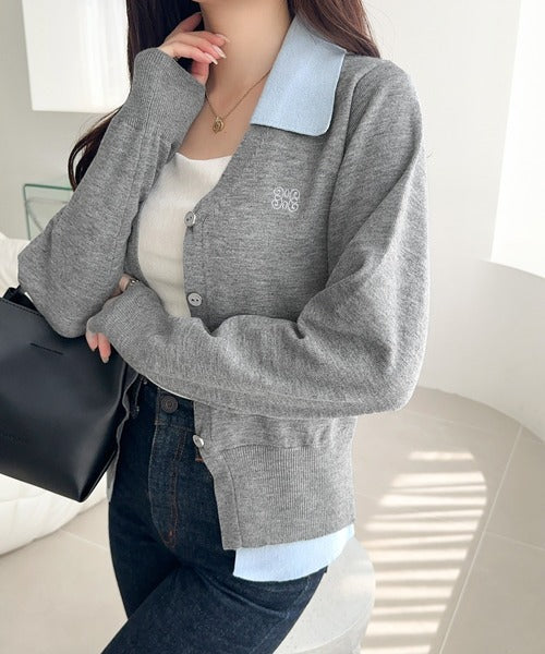 【mily bilet】着るだけ完成、コーデ迷子にさよなら♪胸刺繍ダブルカラーレイヤードニットカーディガン（長袖） mi1359021