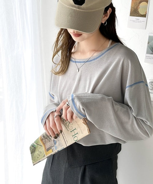 大人のこなれトップス。配色ステッチシアープルオーバー（長袖） ce1020211