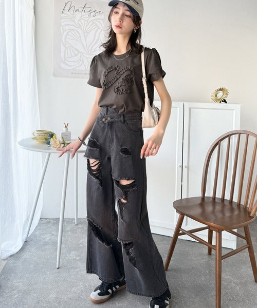 フリル刺繍でエレガントに。シルケットフリル刺繍パフスリーブプルオーバー（半袖） ce1050297