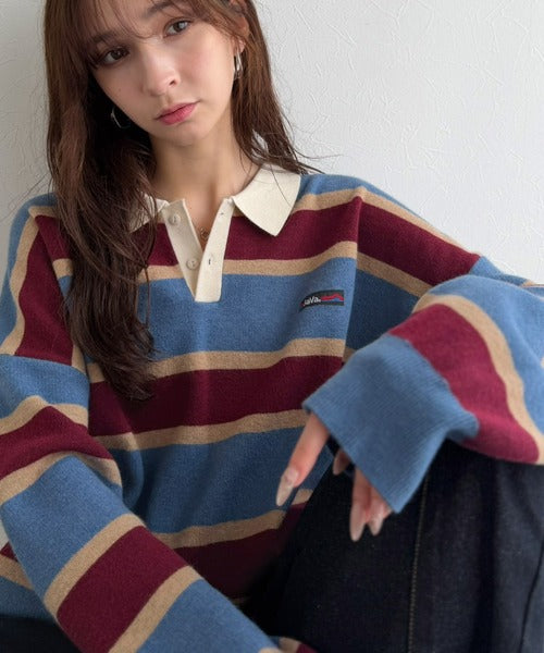 《JaVaジャバコラボ》1枚で洗練された大人の余裕を演出。配色ボーダー柄ポロ襟スウェットライクニット（長袖） jo1250006