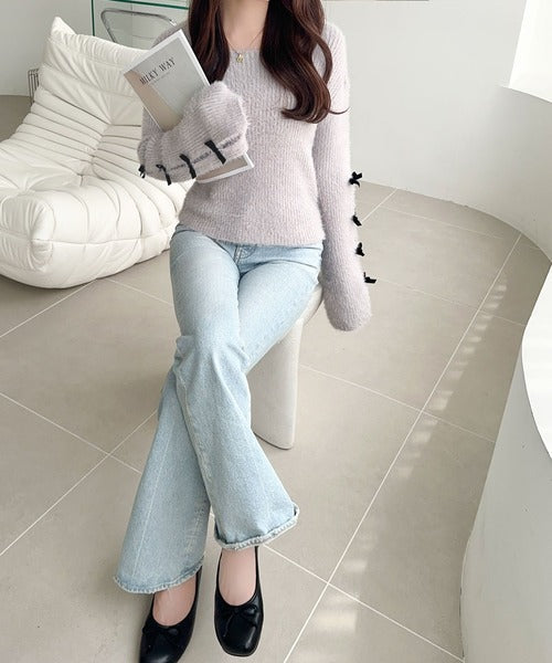 【mily bilet】品よく可愛い♪ふんわり愛されニット。甘さと抜け感が◎袖リボン使いフェザーシャギーリブニット mi1029132