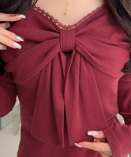 【mily bilet】一枚でときめく、主役級ビッグリボン×繊細レースで大人ガーリーに♪リボンレーストップス（長袖） mi1019160