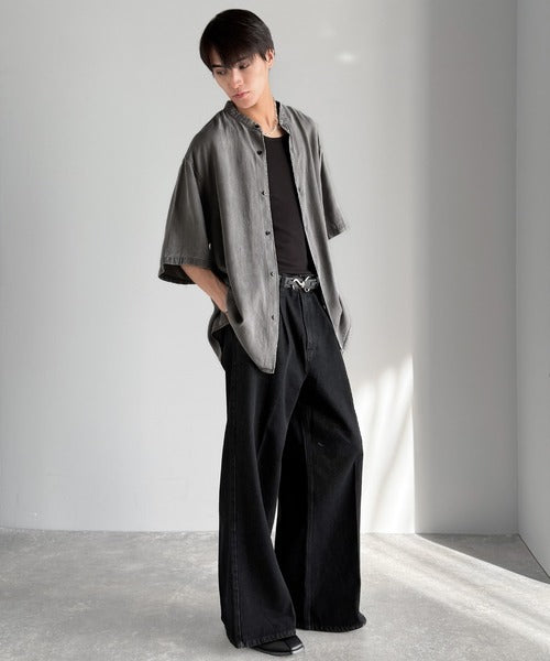 Rayon Denim Band Collar Relaxed Shirt／ヴィンテージ加工ルーズフィットデニムシャツ co1150011